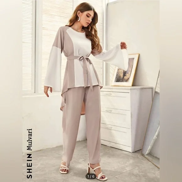 SHEIN Mulvari Colorblock Trumpet Sleeve Blouse
& Belted Pants - Picture 1 of 6